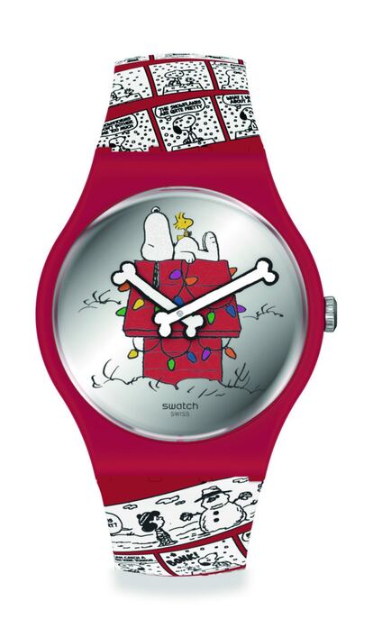 La edición especial de Chomp es  una clara apuesta por el color, un elemento clásico de Swatch, y se inspira en el cómic Peanuts. El reloj New Gent cuenta con una caja (41 mm) y un cristal de origen biológico y rebosa alegría navideña. Las historietas de Peanuts en blanco y negro recorren la pulsera de punta a punta y representan a Carlitos, Snoopy, Lucy y la pandilla entera. En el fondo rojo las luces de fiesta de colorines   que normalmente decoran la caseta de   Snoopy aportan un extra de alegría en la trabilla y la esfera. Precio: 140 euros. (www.swatch.com)