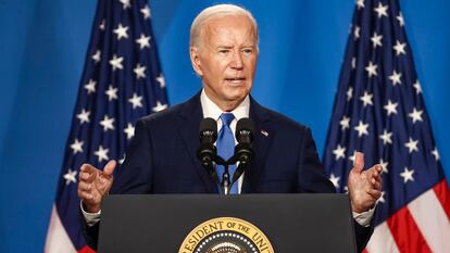 Washington (United States), 11/07/2024.- US President Joe Biden speaks during a press conference on the sidelines of the 75th Anniversary of the North Atlantic Treaty Organization (NATO) Summit at the Walter E. Washington Convention Center in Washington, DC, USA, 10 July 2024. President Biden is under increasing pressure from Democrats to step aside as the party'Äôs presidential candidate. EFE/EPA/JIM LO SCALZO
