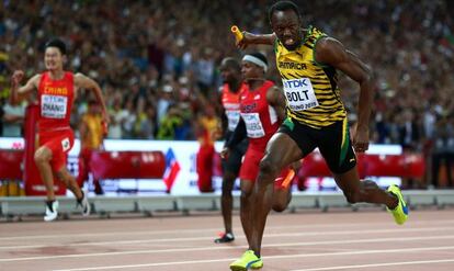 Bolt, durante el 4x100, en los Mundiales de Pek&iacute;n.