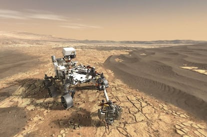 Representación del vehículo 'Perseverance' de la NASA explorando el cráter Jezero de Marte.
