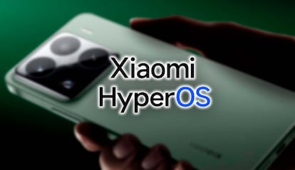 Logo de HyperOS con fondo de un móvil de Xiaomi