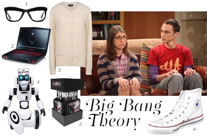 Sheldon Cooper y Amy Farrah. Para ella: 1. Jeremy Scott Gafas de ver negras. 3. A.P.C Cárdigan de punto en color blanco. 6. Converse All Star Zapatillas. Para él: 2. Alienware M17X ordenador. 4. Robome Juguete de robot. 5. Battlestar Galactica Caja edición especial de la serie.