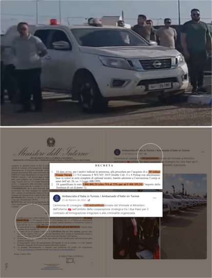 Las camionetas Nissan Navara, usadas por Túnez para interceptar y posteriormente arrojar a migrantes al desierto, coinciden con las que han sido donadas por Italia y Alemania. El Gobierno italiano ha entregado 106 vehículos de este modelo, de acuerdo a los contratos obtenidos por esta investigación. Alemania donó 37 camionetas en 2017.