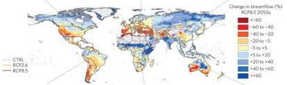 El mapa muestra las zonas con aumento (azul) o reducci&oacute;n (rojo) del cauce de los r&iacute;os.