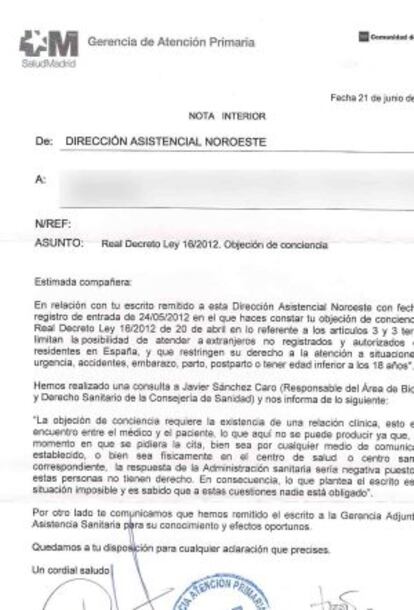 Documento de Sanidad que responde a una médica objetora.