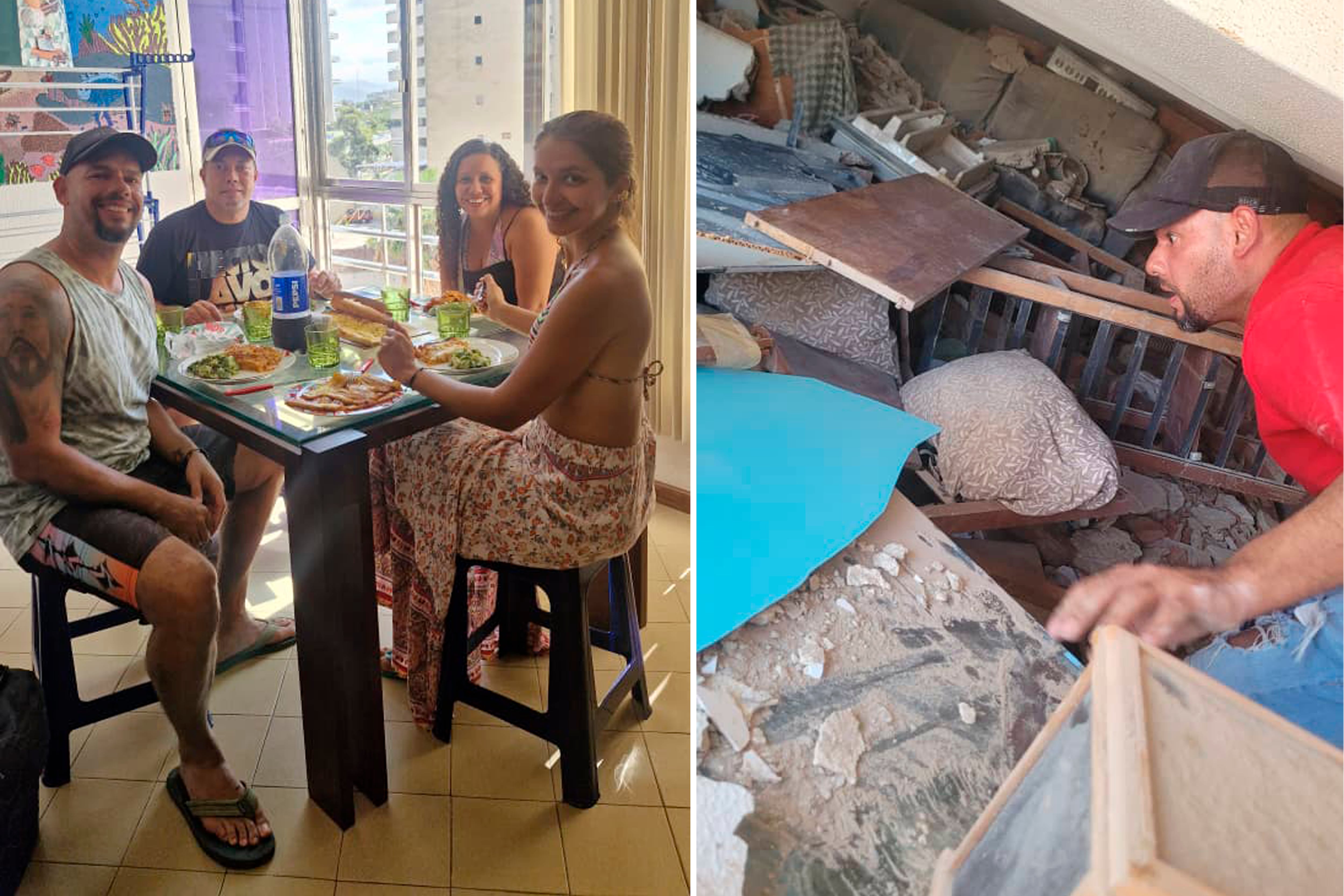 La samilia Rondón en su hogar | Carlos Rondón entre los escombros en la búsqueda de sus hijas.