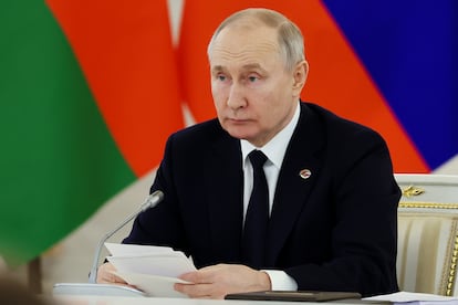 Russian President Vladimir Putin speaks during the Supreme State Council of the Union State Russia-Belarus meeting with Belarusian President Alexander Lukashenko