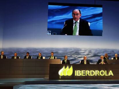 El presidente de Iberdrola, Ignacio Sánchez Galán, en una de las juntas de accionistas de la eléctrica. 