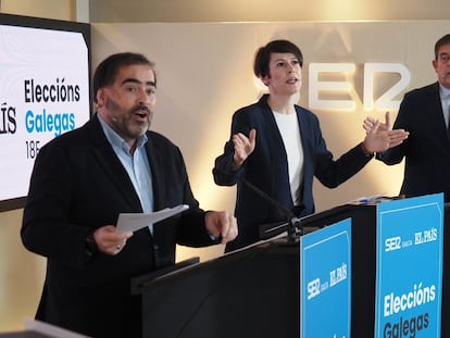 Alberto Pazos (PP), Ana Pontón (BNG) y José Ramón Gómez Besteiro (PSOE), este viernes durante el debate electoral de EL PAÍS y la Cadena SER.