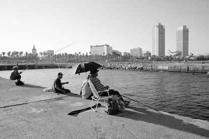 Un grupo de pescadores en el espigón del Gas (Barcelona, 2021).