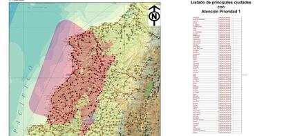 Mapa de atenci&oacute;n prioritaria en Ecuador tras el terremoto. 