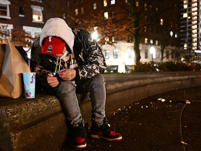 A person using fentanyl in downtown Portland, Oregon on January 23, 2024.