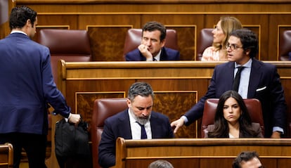 El líder de Vox, Santiago Abascal (centro), junto a varios diputados de la formación, este miércoles en el Congreso.