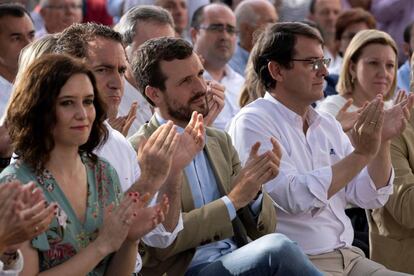 Desde la izquierda, Isabel Díaz Ayuso, Teodoro García Egea, Pablo Casado y Alfonso Fernández Mañueco, en el inicio de curso del PP en Ávila.