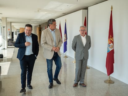 Luis Mariano Santos, de UPL; Pedro Pascual, de Por Ávila y Ángel Peña, de Soria Ya, caminan por los pasillos de las Cortes de Castilla y León.