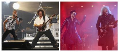 A la izquierda, el cantante Paul Rodgers y el guitarrista Brian May en un concierto de Queen en el Saitama Super Arena en 2005. A la derecha, el cantante Adam Lambert junto a Brian May en el O2 Arena de Londres en 2017.