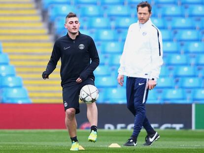 Marco Verratti durante el entrenamiento de este martes del PSG.