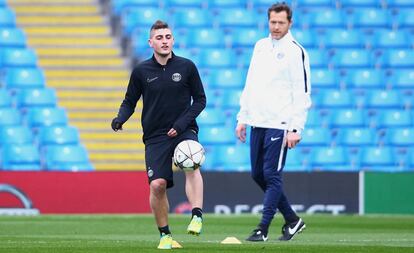 Marco Verratti durante el entrenamiento de este martes del PSG.