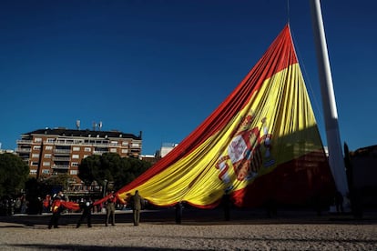 The Spanish flag is raised at Plaza de Colón in Madrid to observe Constitution Day.