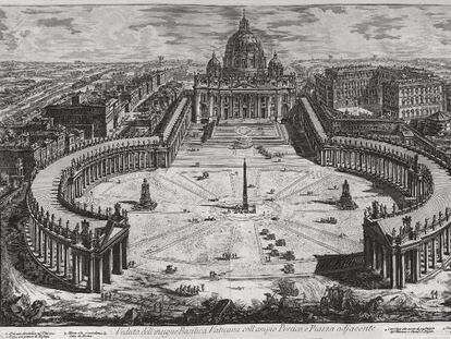 <i>La plaza de San Pedro a vista de pájaro </i>(1775), aguafuerte de Giambattista Piranesi.