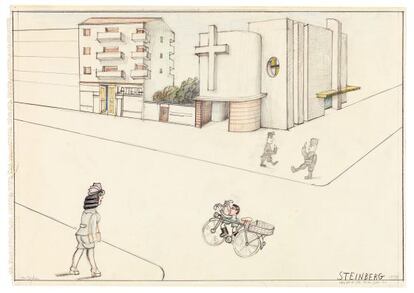 Saul Steinberg, Via Ampere, 1936 (1970). Publicado en The New Yorker el 7/10/1974.