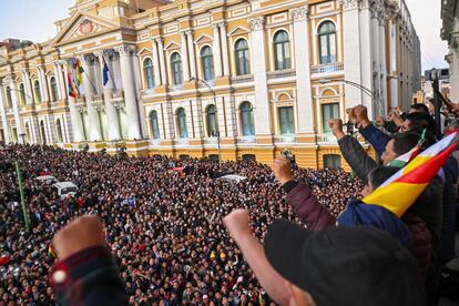 Bolivian President Luis Arce addresses the crowd after the coup attempt in La Paz on June 26.