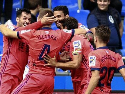 La Real celebra el segundo gol de la Real en Riazor.