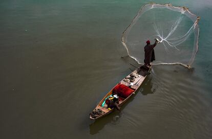 Un pescador arroja su red sobre las aguas del Río Jhelum en Srinagar (India).