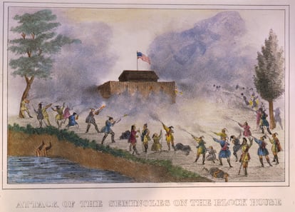 Seminole attack on a fort, in a vintage illustration.