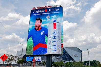 Electronic advertisements featuring Lionel Messi in front of the Mercedes-Benz Stadium in Atlanta, where Argentina will play Canada on June 20.