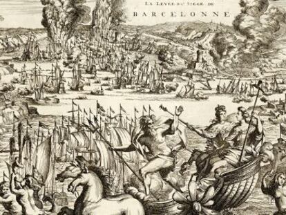 Detall d'una il·lustració sobre el primer setge a Barcelona, datada el 1706, dins de l'exposició 'Memòria gràfica d'una guerra'.