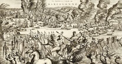 Detall d'una il·lustració sobre el primer setge a Barcelona, datada el 1706, dins de l'exposició 'Memòria gràfica d'una guerra'.