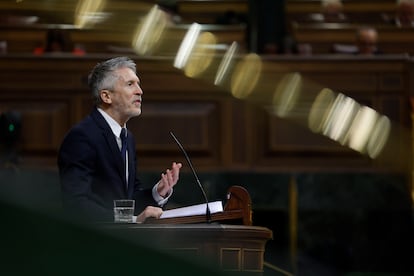 El ministro de Interior, Fernando Grande-Marlaska, interviene durante el pleno del Congreso de los Diputados el 9 de abril.