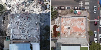 Esta combinación de imágenes aéreas muestra una imagen de archivo tomada el 19 de septiembre de 2017 (arriba) de rescatadores, bomberos, policías, soldados y voluntarios que buscaban sobrevivientes en un edificio derrumbado en el barrio de Roma en la Ciudad de México momentos después de un fuerte terremoto. En la foto de abajo, el mismo lugar el 10 de septiembre de 2018.