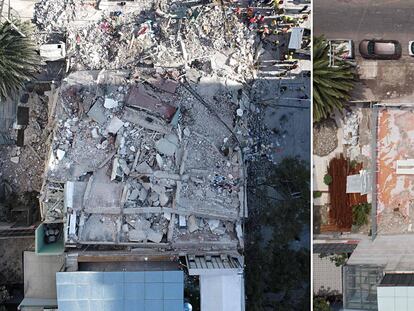 Esta combinación de imágenes aéreas muestra una imagen de archivo tomada el 19 de septiembre de 2017 (arriba) de rescatadores, bomberos, policías, soldados y voluntarios que buscaban sobrevivientes en un edificio derrumbado en el barrio de Roma en la Ciudad de México momentos después de un fuerte terremoto. En la foto de abajo, el mismo lugar el 10 de septiembre de 2018.