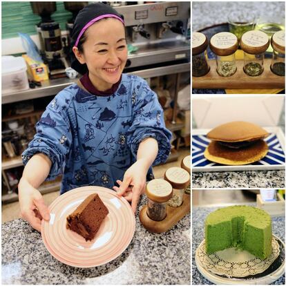 Utako con un bizcocho de chocolate hecho con harina de arroz en Wagashi Utatane. De arriba a abajo, diferentes tés que se toman en la cafetería japonesa, dorayaki de judías rojas y bizcocho de Matcha.