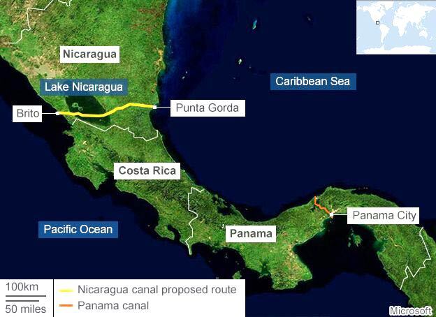 Mapa de la ruta propuesta para el Gran Canal Interoceánico por la empresa china HK Nicaragua Canal Development Investment. La línea amarilla muestra el recorrido propuesto para la obra.