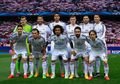 Once del Madrid: Casillas, Ramos, Varane, Kroos, Benzema, Cristiano. Debajo: James, Bale, Marcelo, Carvajal y Modric.