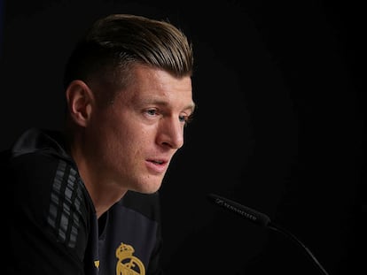 Toni Kroos, este lunes en la rueda de prensa previa al Leipzig-Real Madrid.