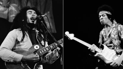 A la izquierda, Bob Marley con una Gibson Les Paul en el Roskilde Festival 1978, en Dinamarca. A la derecha, Jimi Hendrix, con una Fender Stratocaster en Copenhague en 1970. JORGEN ANGEL / DAVID REDFERNS