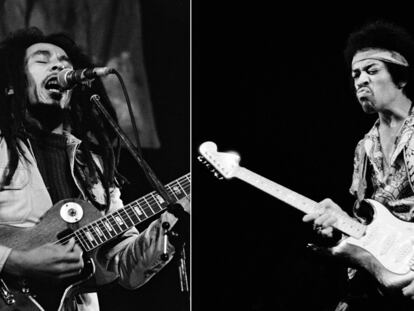 Do lado esquerdo, Bob Marley com uma Gibson Les Paul no Roskilde Festival 1978, na Dinamarca. Do lado direito, Jimi Hendrix, com uma Fender Stratocaster em Copenhague em 1970.