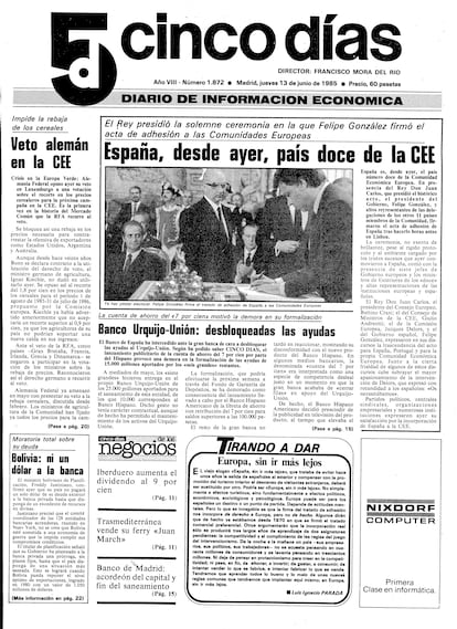 1985: integración en Europa. España se incorpora a las instituciones comunitarias europeas, culminando una ambición del país desde la llegada de la democracia, y que exigía un compromiso tanto de apertura y modernización económica como de integración en las instituciones atlánticas de defensa común. Fue el inicio de una historia de éxito.