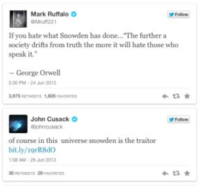 Mark Ruffalo y John Cusak muestran su apoyo a Snowden a través de Twitter.