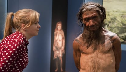 Una mujer observa la reproducción de un neandertal en una exposición sobre esa especie en Londres.