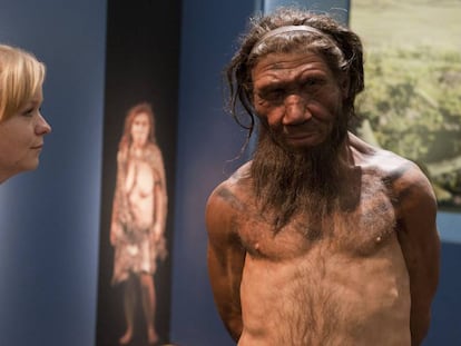 Uma mulher observa uma reprodução de um neandertal em uma exposição sobre essa espécie em Londres.