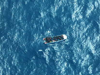 Boat carrying a group of migrants in distress in the Southern Mediterranean Sea, on March 11, 2023