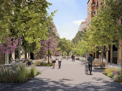 Recreación de la transformación de la calle Rocafort en un eje verde en el marco de la 'supermanzana' del Eixample.