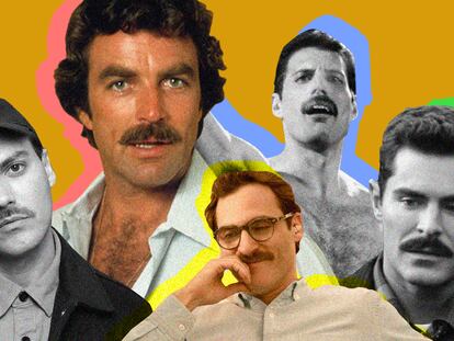 Spanish singer Alberto Jiménez, Tom Selleck, Joaquin Phoenix in Her, Freddie Mercury and Zac Efron, purveyors of facial hair during different eras.