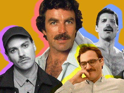 Spanish singer Alberto Jiménez, Tom Selleck, Joaquin Phoenix in Her, Freddie Mercury and Zac Efron, purveyors of facial hair during different eras.