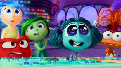 This image released by Disney/Pixar shows, from left, Joy, voiced by Amy Poehler, background left, Anger, voiced by Lewis Black, Disgust, voiced by Liza Lapira,  Envy, voiced by Ayo Edebiri, and Anxiety, voiced by Maya Hawke, in a scene from "Inside Out 2." (Disney/Pixar via AP)